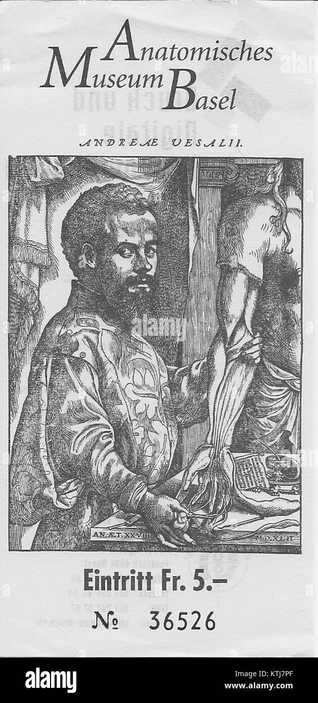 Le musée des Anatomisches de Bâle abrite une collection de spécimens anatomiques et d'artefacts médicaux. Ce billet spécifique est lié à l'exposition du musée de 2012 consacrée à Vésale, figure pionnière en anatomie. Banque D'Images