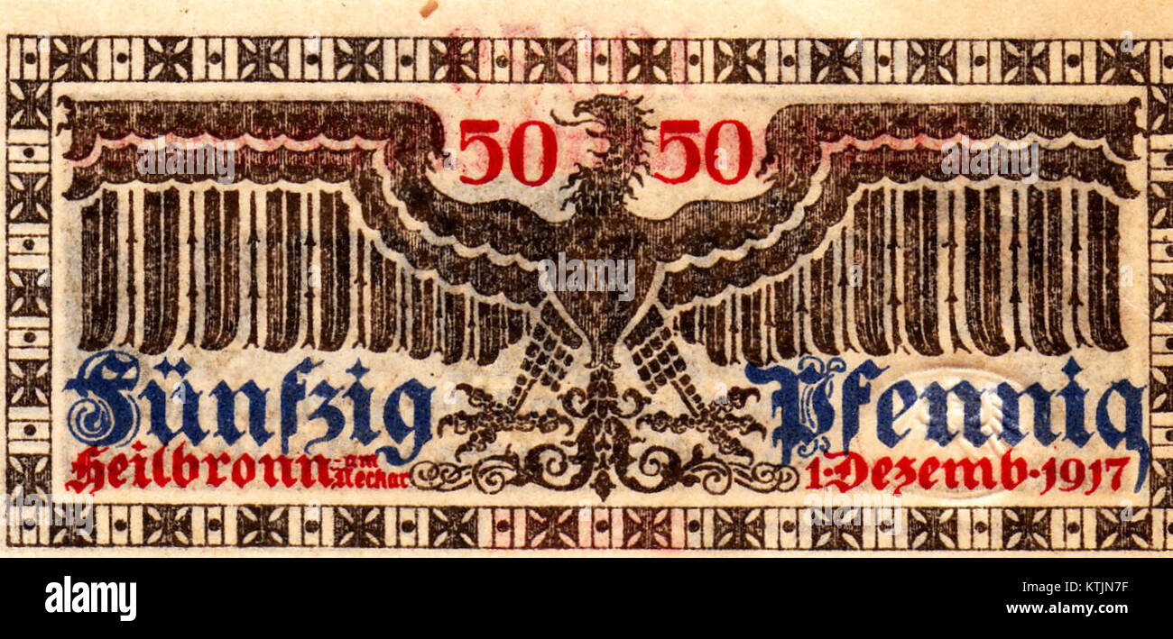 Le Heilbronn Notgeld 1917 50Pf est une forme de monnaie d'urgence émise pendant l'instabilité économique de l'Allemagne d'après la première Guerre mondiale. Il présente une conception détaillée représentative de l'esthétique de la monnaie de la période de temps. Banque D'Images