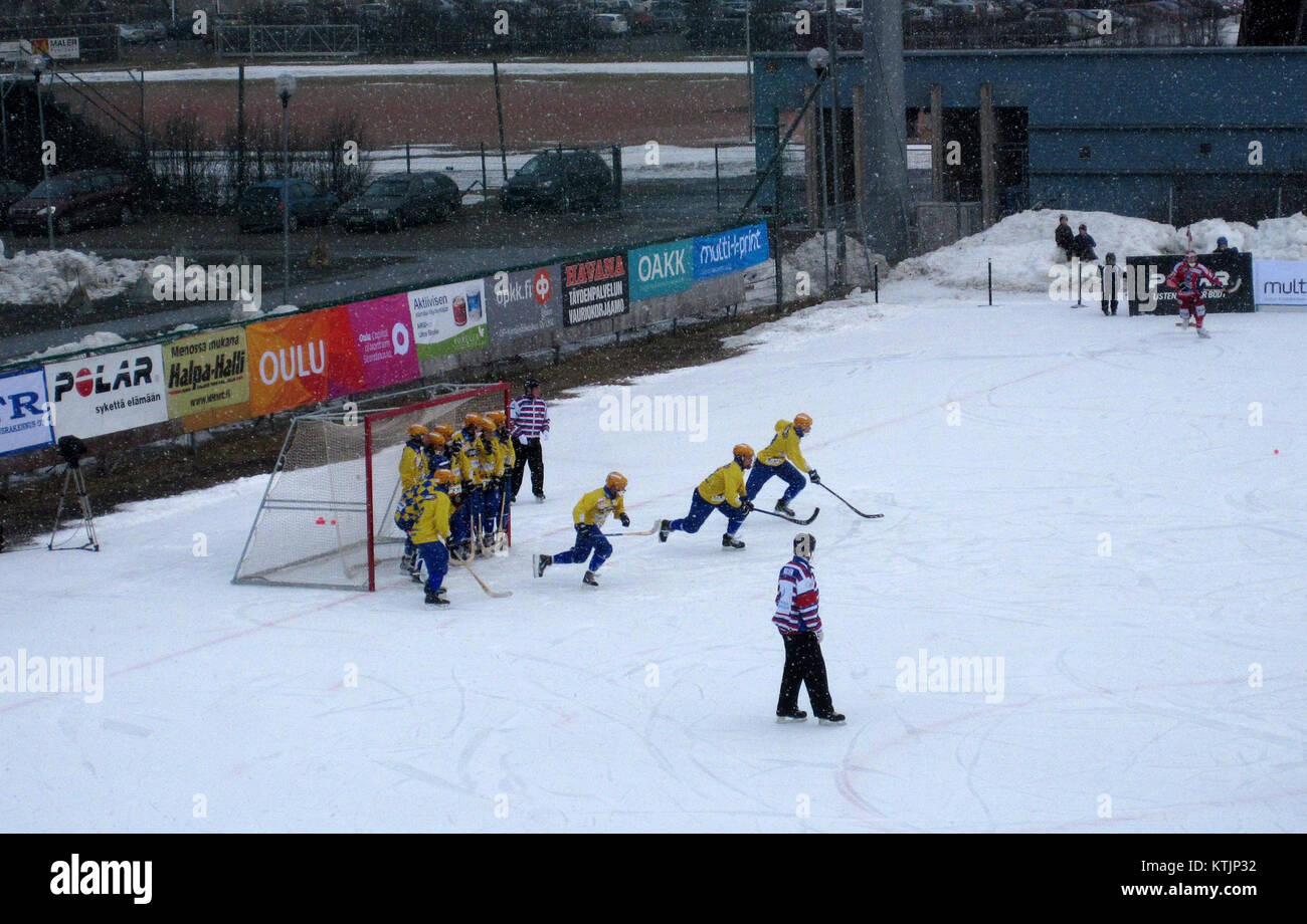 La finale Bandyliiga, qui se tient à Oulu le 15 mars 2014, est un événement clé du bandy finlandais, un sport d'hiver similaire au hockey sur glace. La finale marque la fin de la compétition de la saison. Banque D'Images