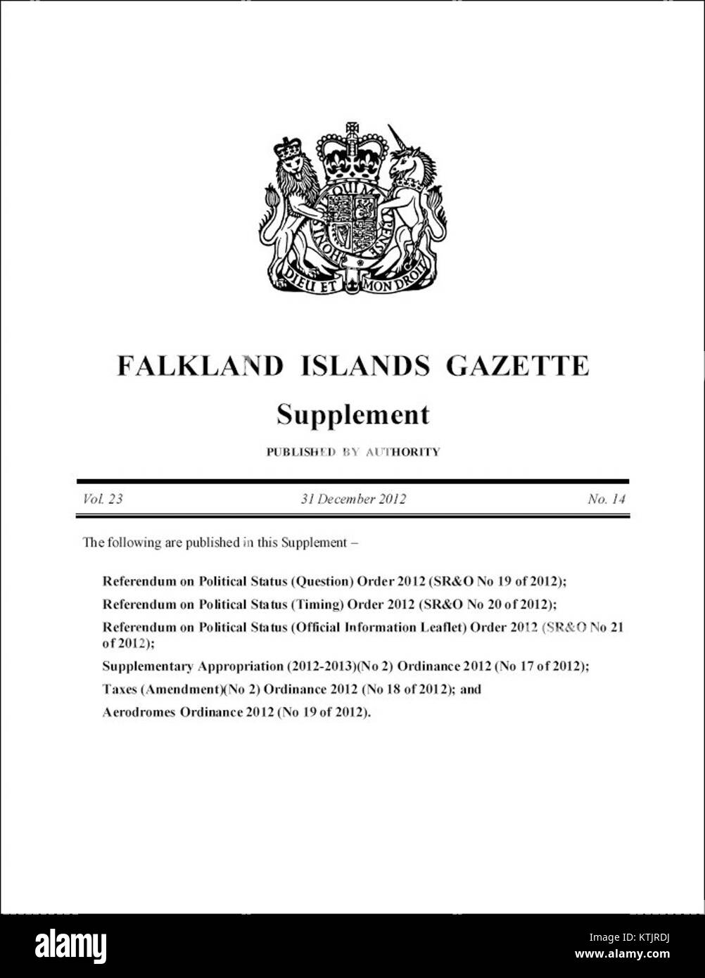 Supplément de la Gazette des îles Falkland couvrir 31 Décembre 2012 Banque D'Images