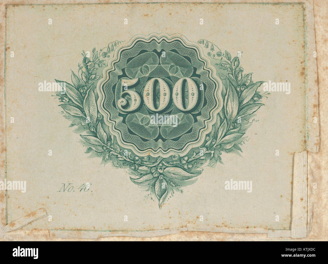 Dessin détaillé du motif de billet de banque numéro 500, avec un motif circulaire central avec des bords ondulés tournés au tour, entouré par une couronne ouverte de feuilles, de baies et de fleurs. Banque D'Images