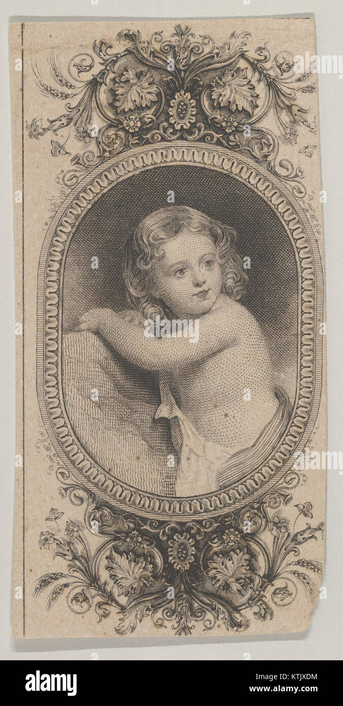 Un billet de banque représentant un portrait d'enfant entouré de deux ovales à motifs et d'un cadre floral, un design unique mettant en valeur des motifs artistiques et culturels en monnaie. Banque D'Images