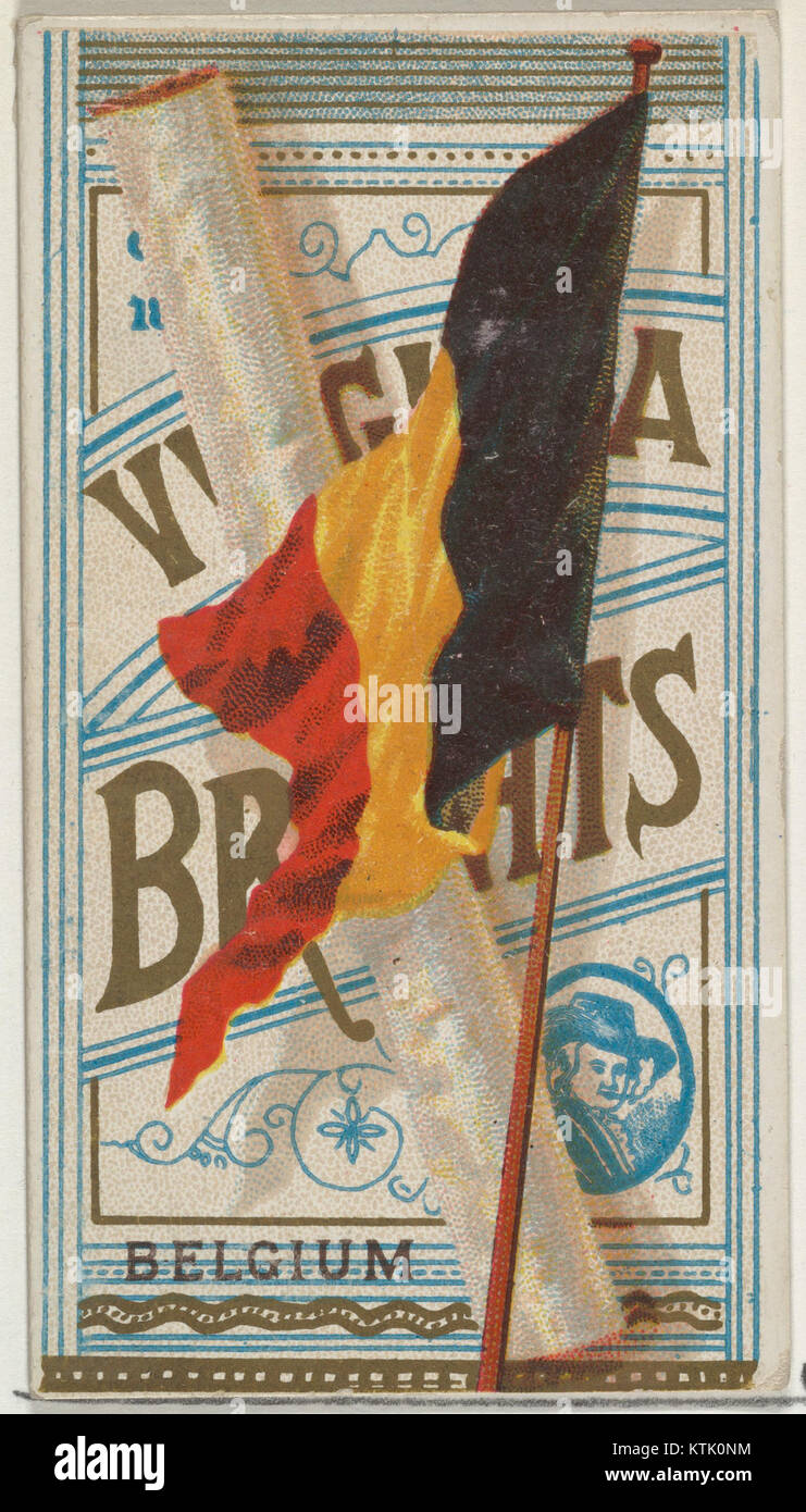 Cette carte, de la série 'Flags of All Nations' de Allen & Ginter cigarettes, représente le drapeau de la Belgique. La série, publiée à la fin du XIXe siècle, favorise la sensibilisation internationale par l'affichage de drapeaux nationaux. Banque D'Images
