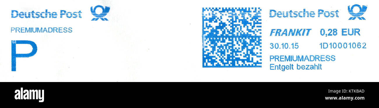 Cette image illustre l'affranchissement d'une lettre par Deutsche Post à l'aide du système FRANKIT, marquée 'Entgelt bezahlt' (affranchi) avec le service 'Premiumadress', garantissant l'exactitude de l'adresse et la fiabilité de la livraison. Banque D'Images