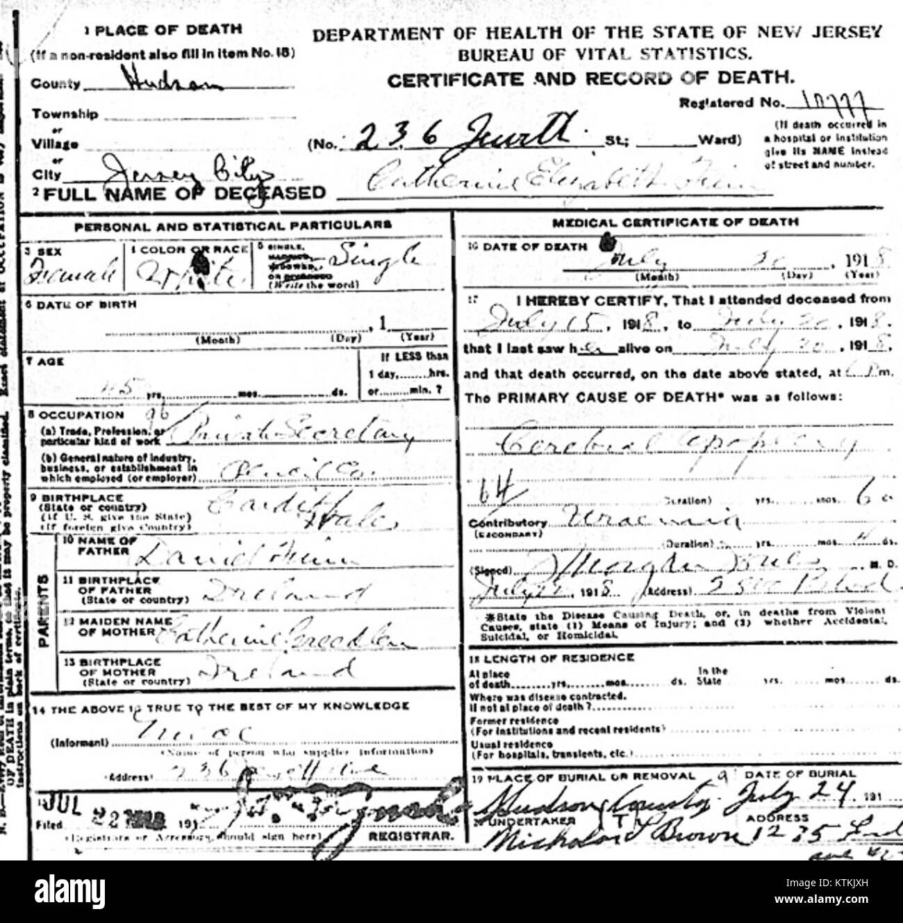 Catherine Elizabeth Finn (1868 1918) Norton certificat de décès Banque D'Images