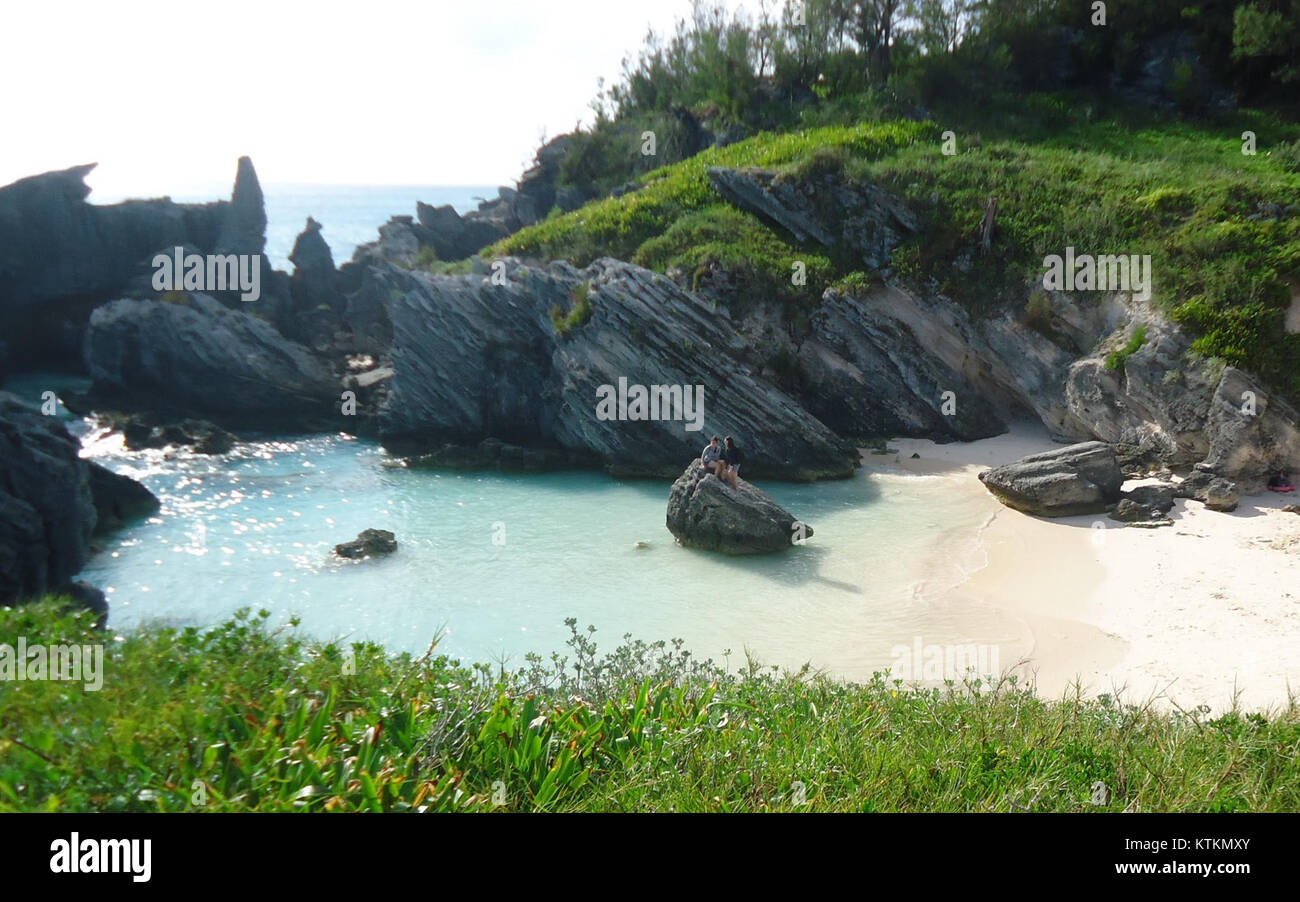 La plage de Horseshoe Bay aux Bermudes est connue pour son sable blanc immaculé, ses eaux turquoises limpides et sa beauté pittoresque, ce qui en fait une destination populaire pour les touristes. Banque D'Images