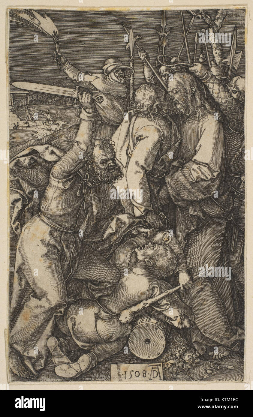 Une représentation de la *trahison du Christ* de la série passion, montrant le moment de l'arrestation de Jésus. Cette œuvre capture un événement clé de l'histoire religieuse chrétienne et fait partie d'une collection au Metropolitan Museum of Art. Banque D'Images