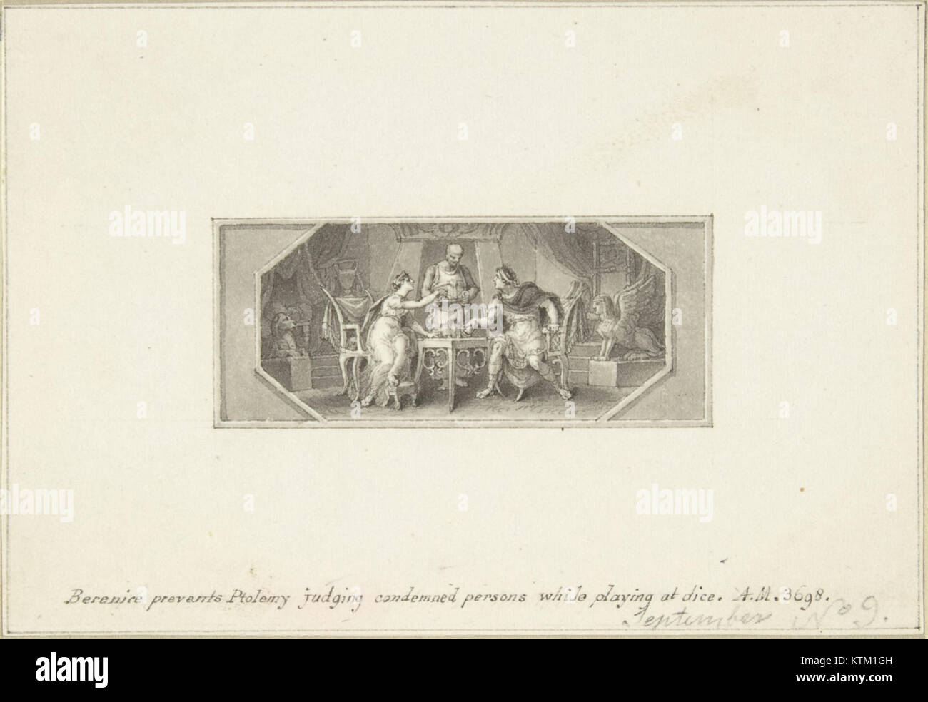 Cette œuvre représente Bérénice, une figure historique, empêchant Ptolémée de juger les condamnés tout en s'engageant dans un jeu de dés. La scène met en lumière les thèmes du pouvoir, du jugement et des loisirs dans des contextes historiques. Banque D'Images