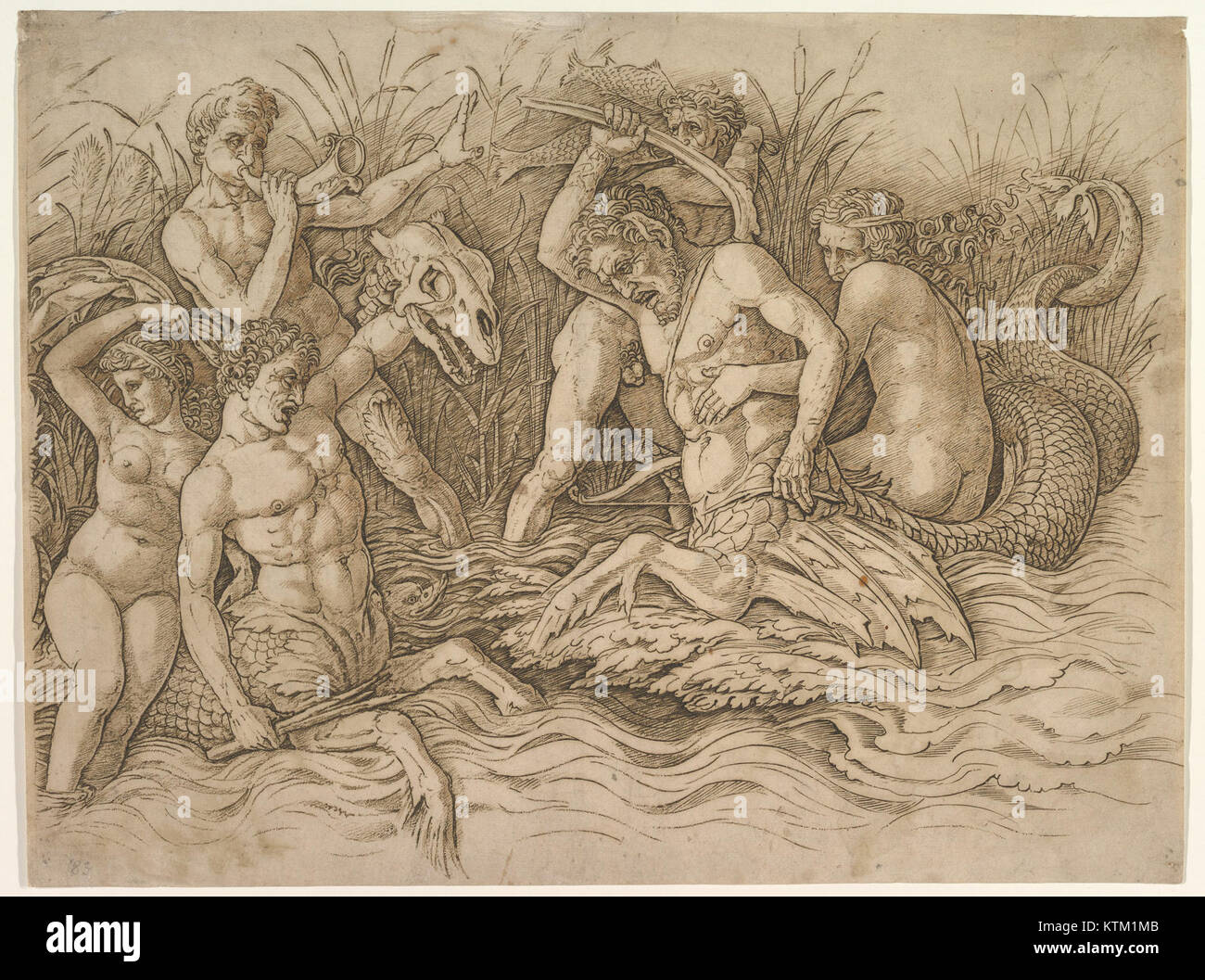 La bataille des dieux de la mer est une œuvre d'art présentée au Metropolitan Museum of Art, représentant une scène emblématique de la mythologie antique où les dieux se battent dans un cadre océanique mythologique. Banque D'Images