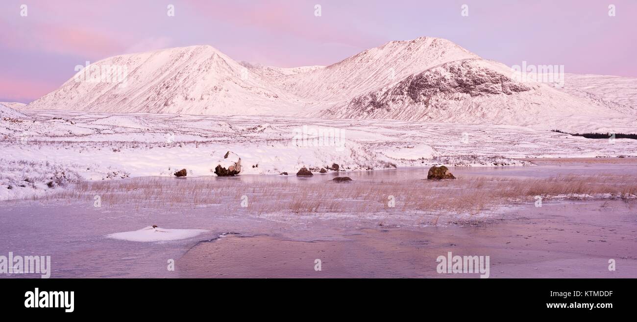 Une image couleur de la monture noire sur un hivers coloré le lever du soleil. La photo est prise à partir d'une petite sur le lochan congelé West Highland way route Banque D'Images