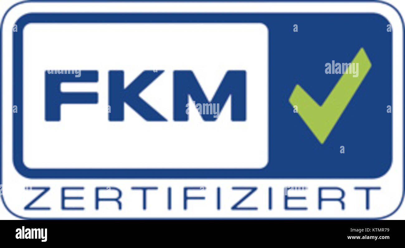 Le logo FKM avec contour et couleurs RVB représente une norme de certification utilisée dans les industries du marketing et des médias pour garantir le respect des directives spécifiques en matière d'identité visuelle. Banque D'Images