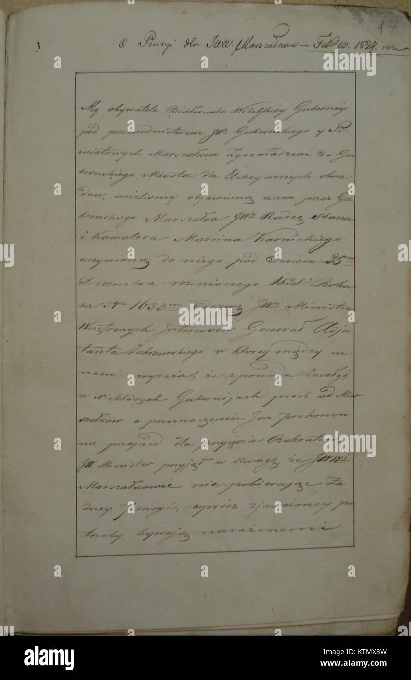 Ce document de 1829 de Vitebsk, Biélorussie, porte sur la gouvernance de la région et de la classe noble à l'époque de l'Empire russe. Banque D'Images