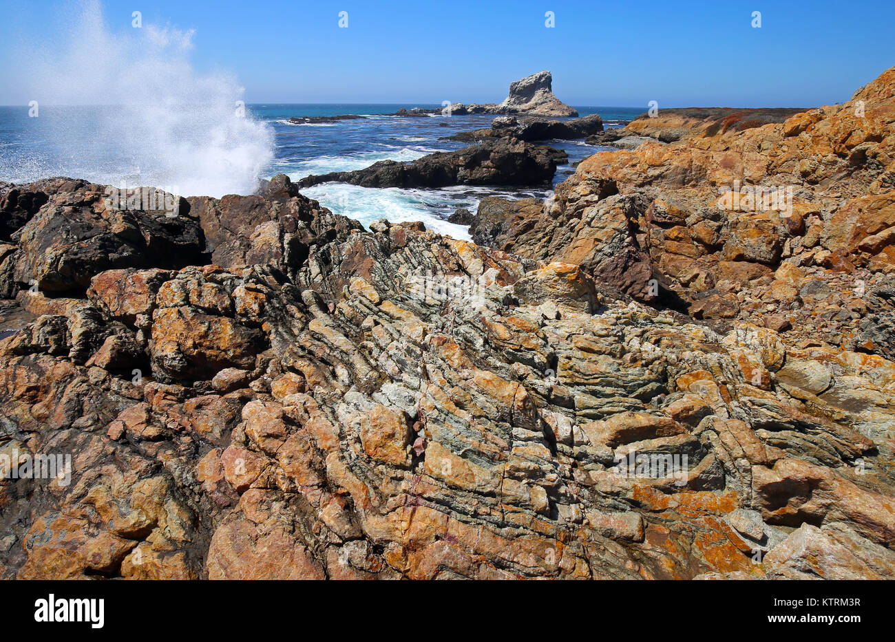 Accidents de vagues contre les rochers sur la rive de la station de phare de Piedras Blancas zone naturelle exceptionnelle, le 15 septembre 2016 près de San Simeon, en Californie. Banque D'Images