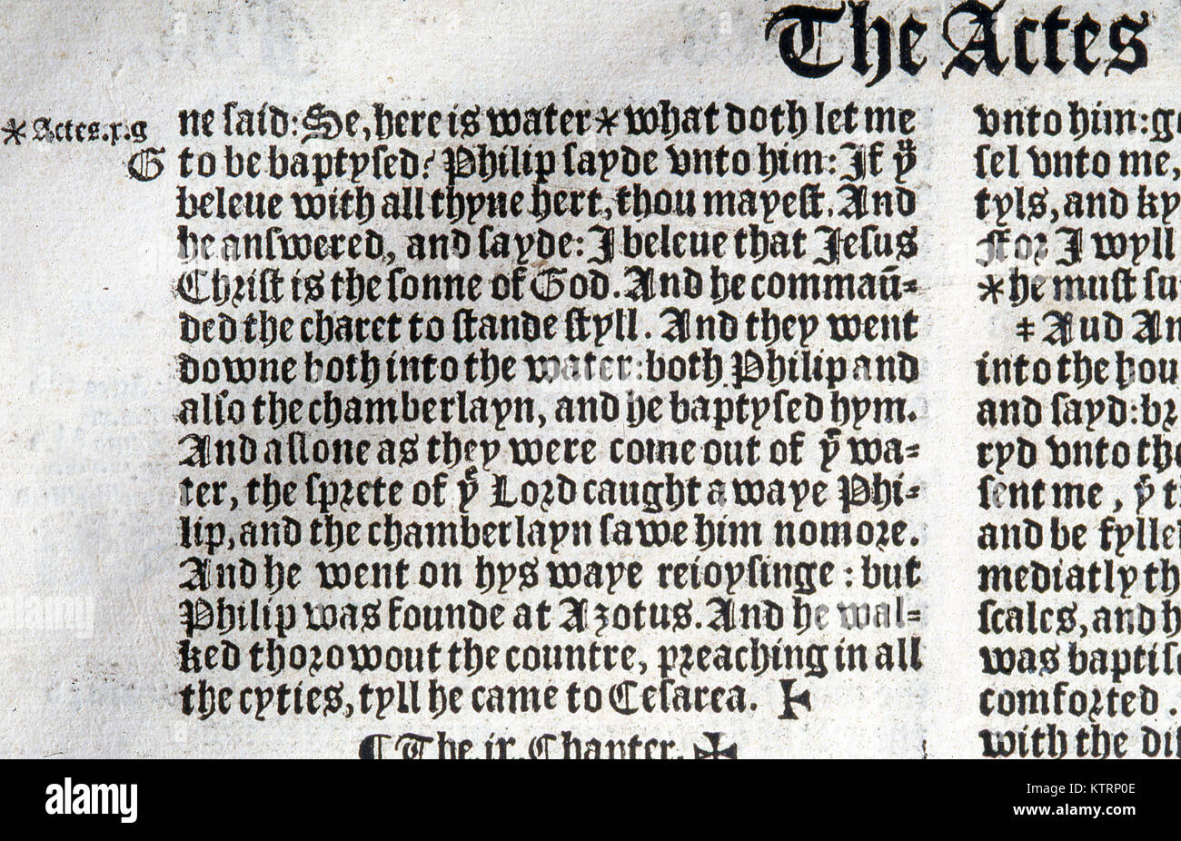 Texte d'Actes 8:37 de la Grande Bible 1540 Traduction anglaise.Avec la permission de l'anche Collection à la Bibliothèque publique de Dunedin, Nouvelle Zélande Banque D'Images