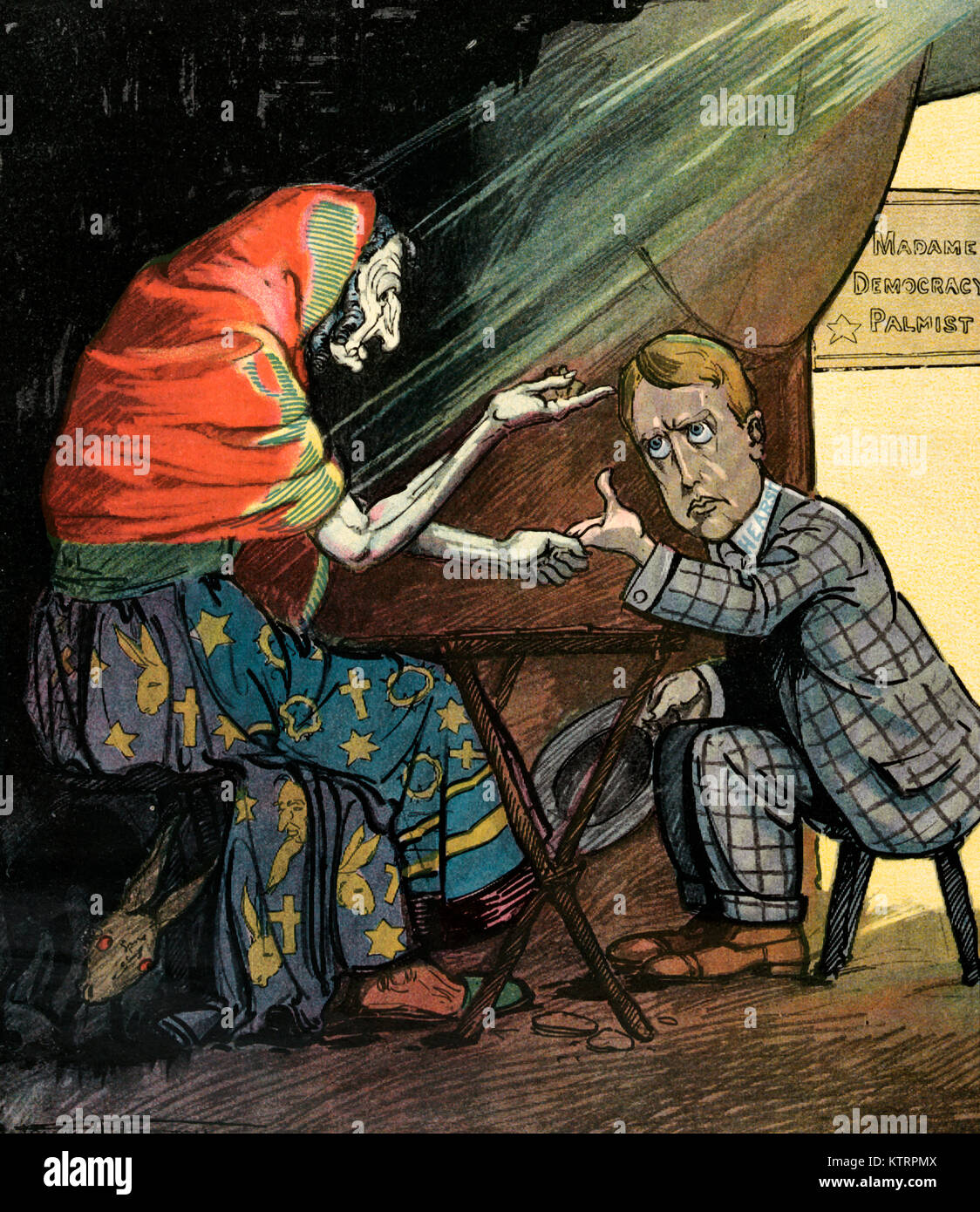 La lecture de son avenir - l'illustration montre une vieille femme, connue sous le nom de 'Madame la démocratie', chiromancien lecture William Randolph Hearst's palm et en parlant de l'avenir. Caricature politique 1906 Banque D'Images