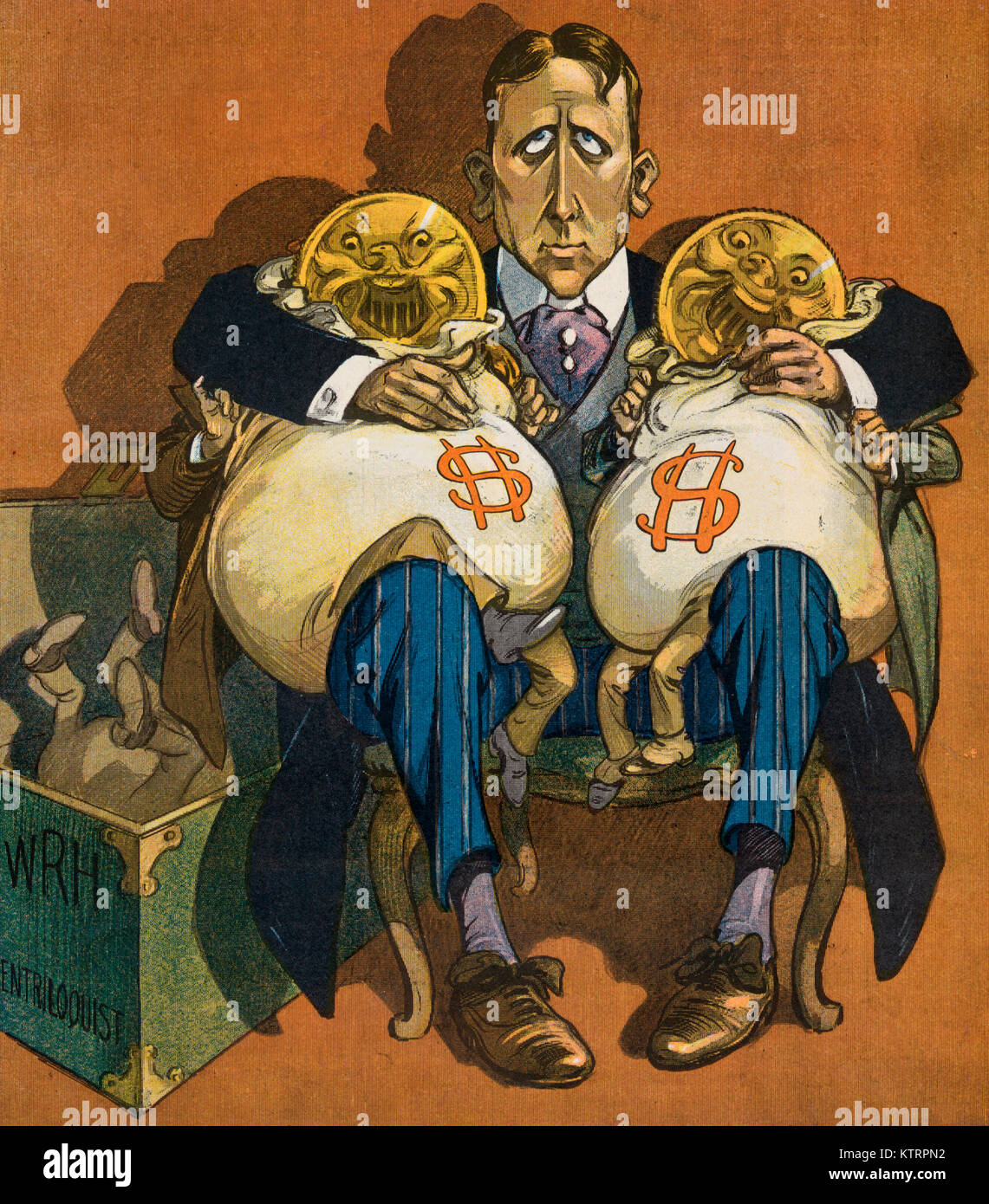 L'argent parle - Illustration montre William Randolph Hearst assis avec deux gros sacs d'argent, animé, en appui sur ses genoux, les bras et les jambes, et montrant deux grandes pièces que chefs ; à l'étage à côté de Hearst est une zone "WRH ventriloque". Caricature politique, 1906 Banque D'Images