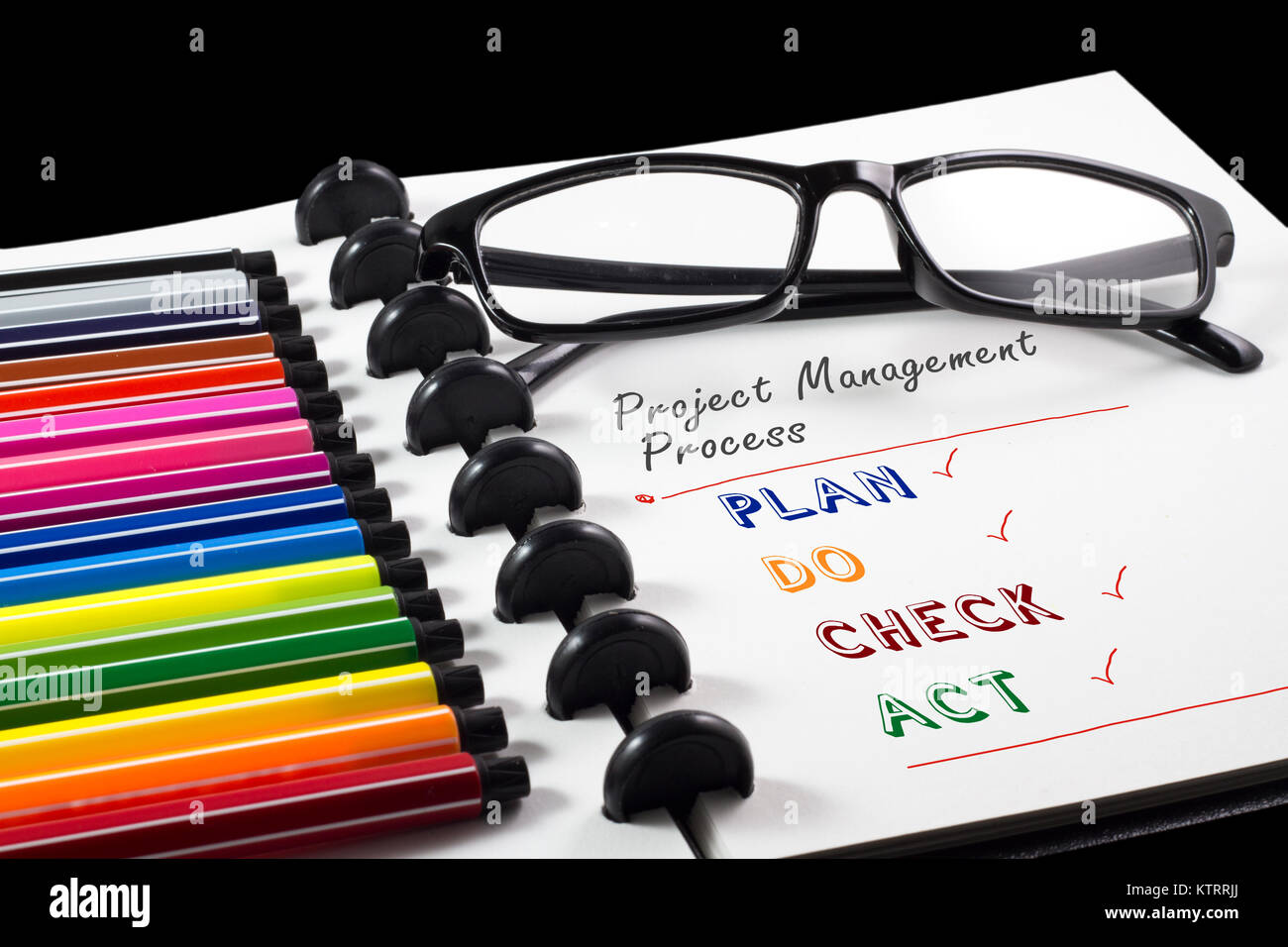 Processus de gestion des projets de texte sur sketchbook avec stylo de couleur blanche et lunettes Banque D'Images