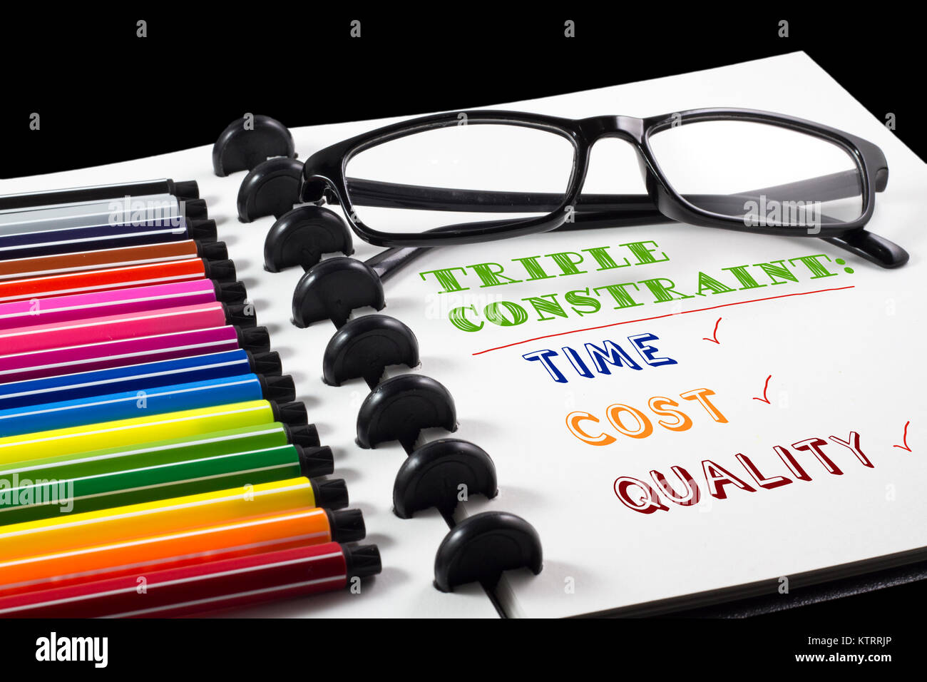 Gestion de projet contrainte Triple texte sur sketchbook avec stylo de couleur blanche et lunettes Banque D'Images