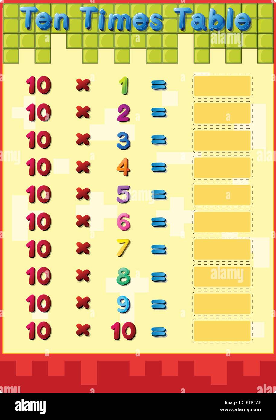 Feuille de travail des tables 10 fois Illustration de Vecteur