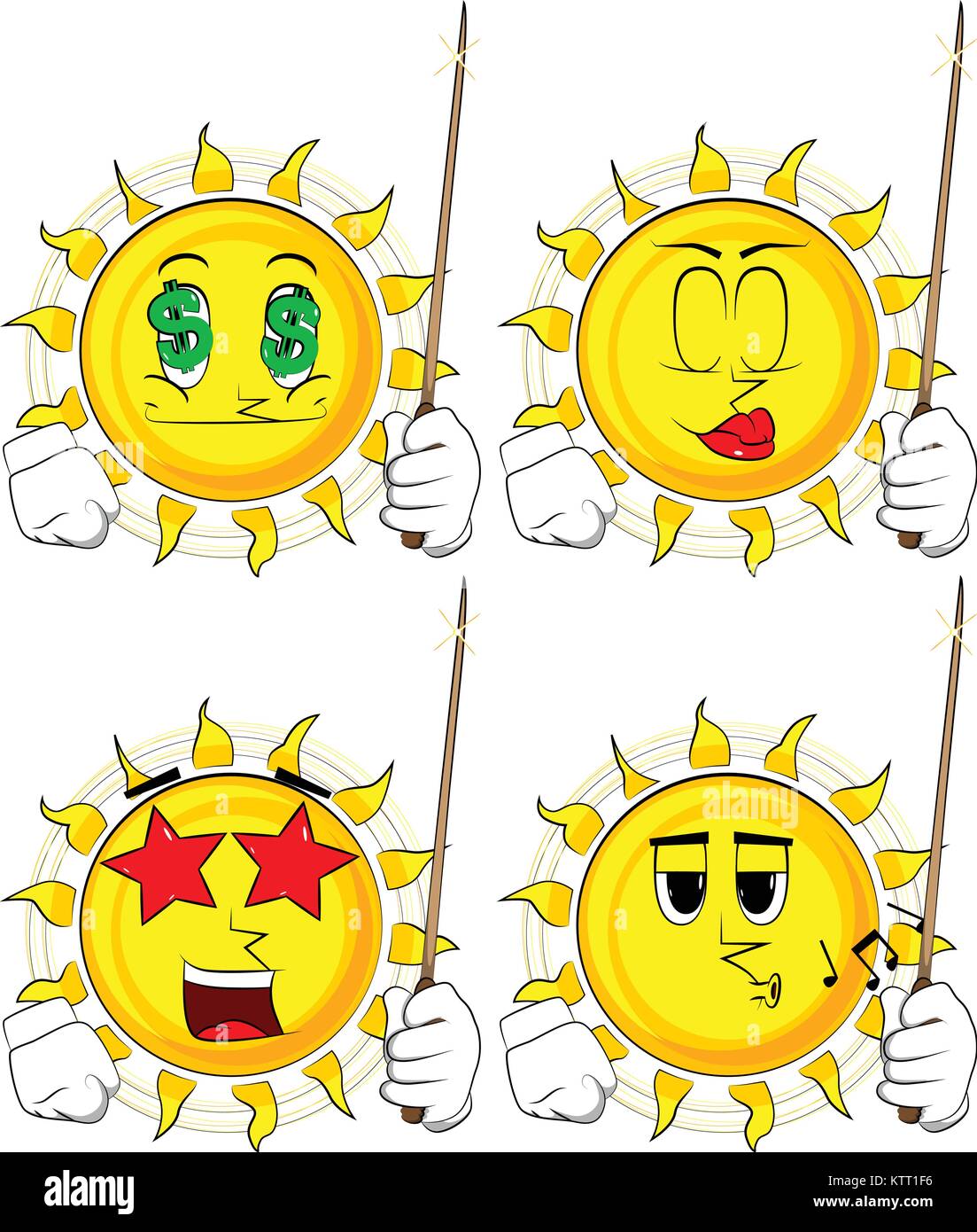 Cartoon soleil avec une baguette magique. Collection avec différentes expressions faciales. Vector set. Illustration de Vecteur