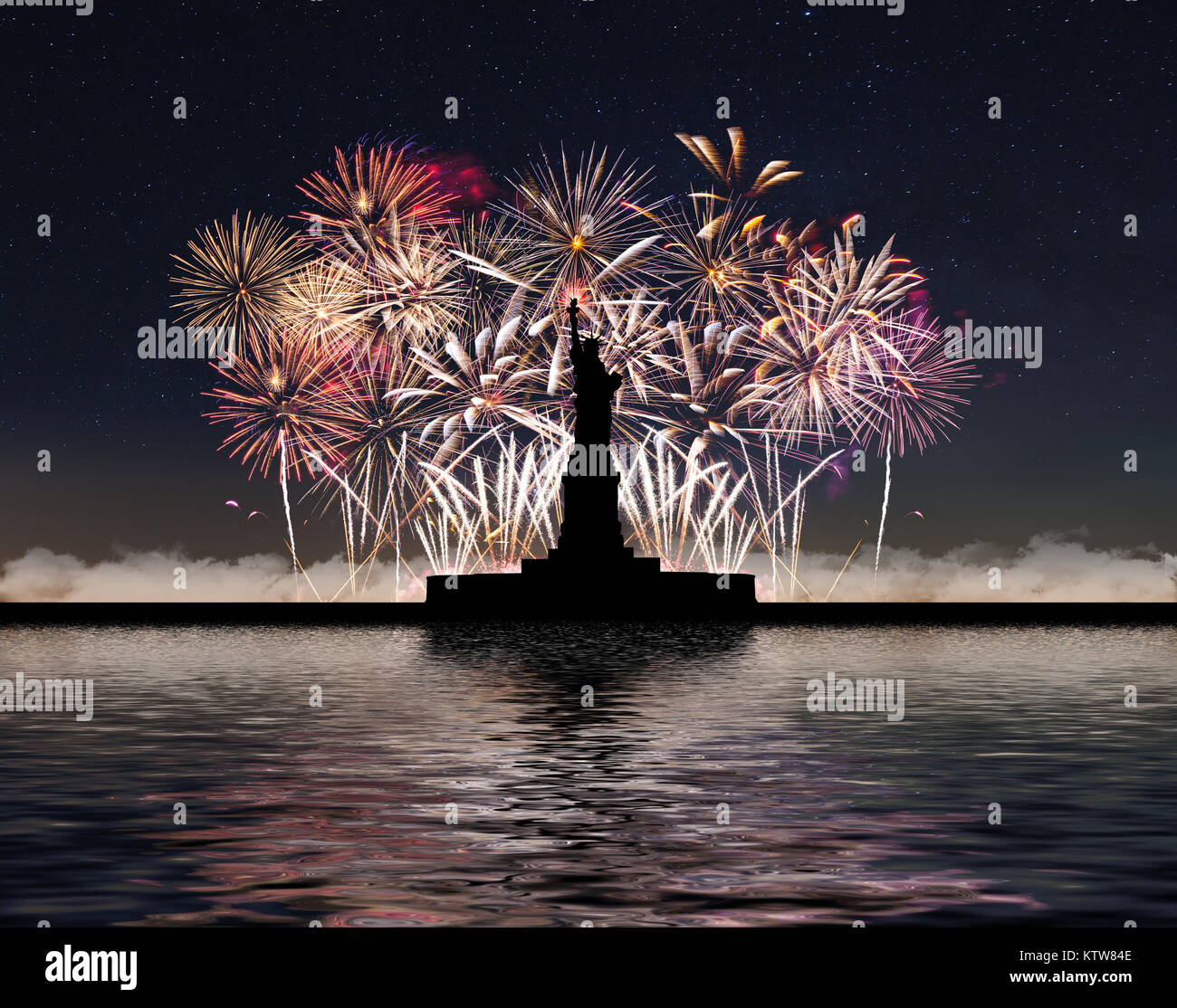 Statue de la liberté sur l'arrière-plan de Fireworks et ciel étoilé Banque D'Images