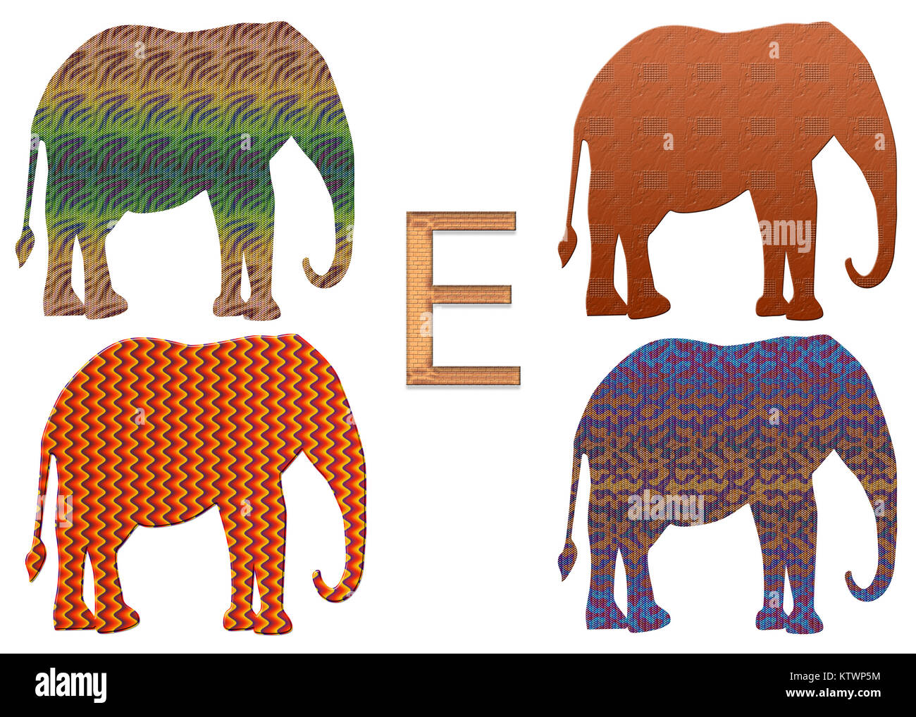 E est pour les éléphants - les éléphants dans différentes couleurs et textures autour de la lettre E Banque D'Images