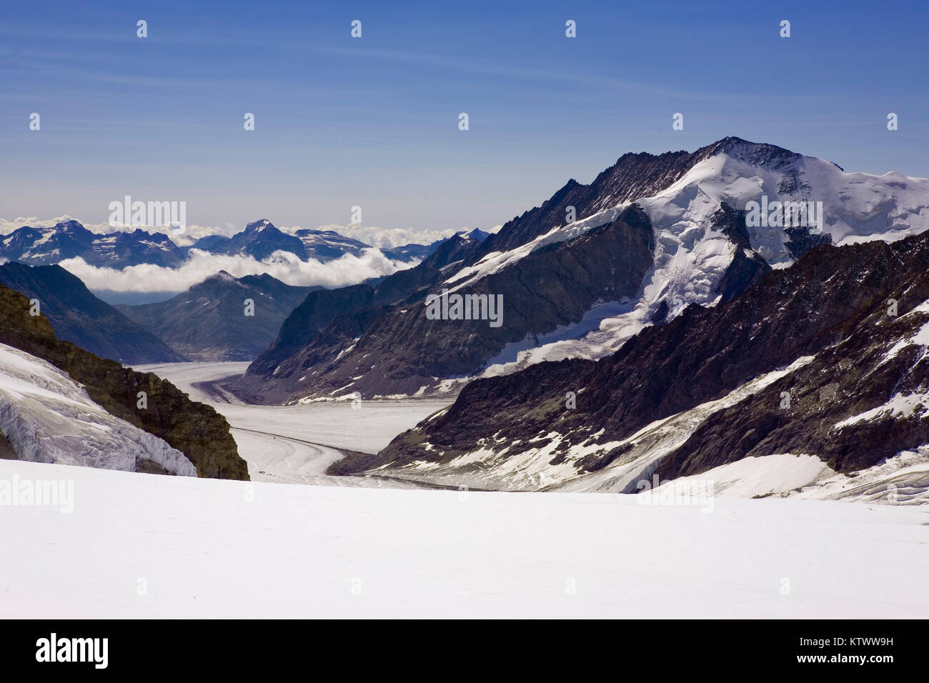 Le glacier Jungfraufirn et au-delà, la Konkordiaplatz, Grand Glacier d'Aletsch et le Dreieckhorn ci-dessus Banque D'Images
