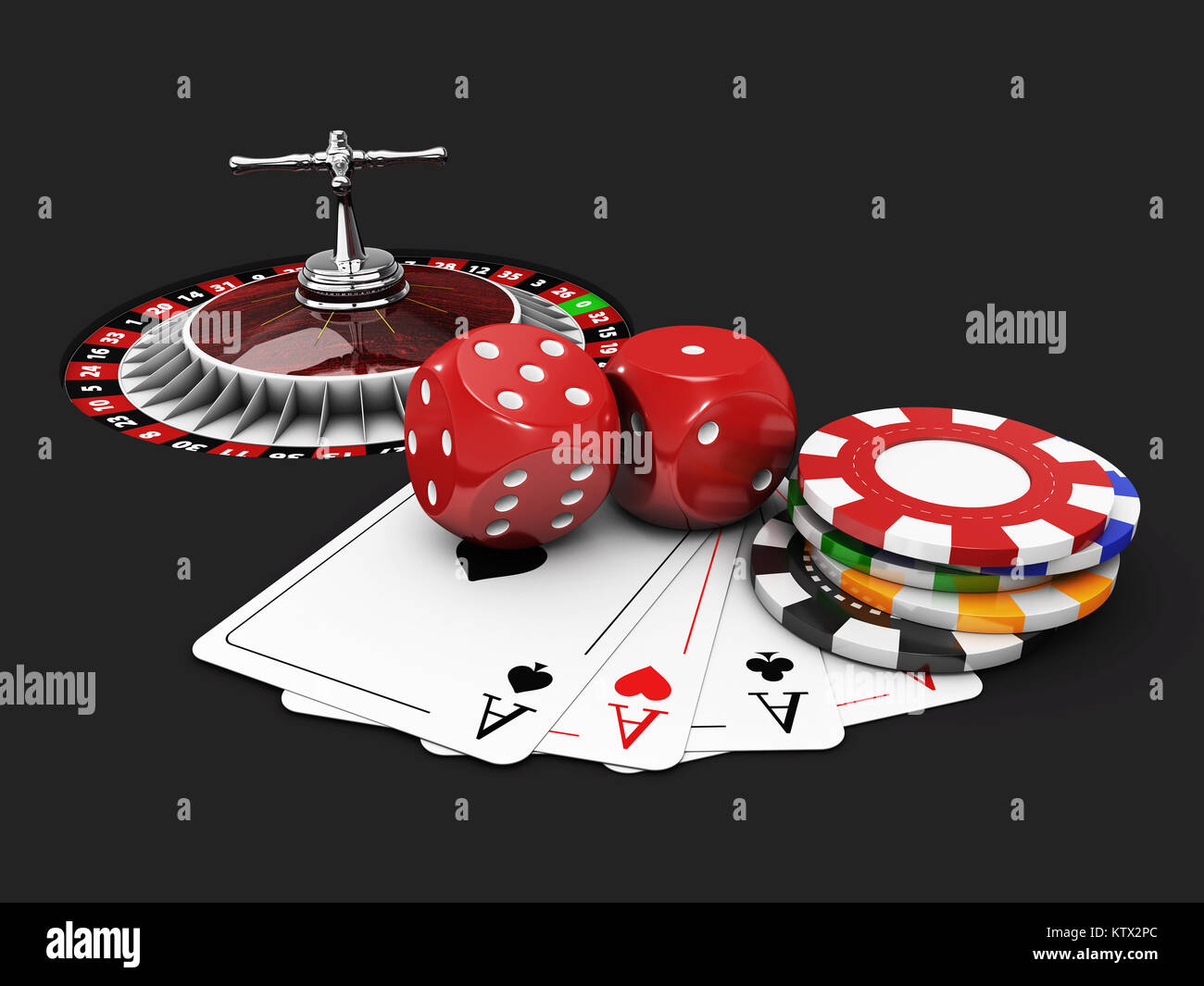 3d illustration de fond de Casino avec des dés, cartes, roulette et jetons. noir isolé Banque D'Images