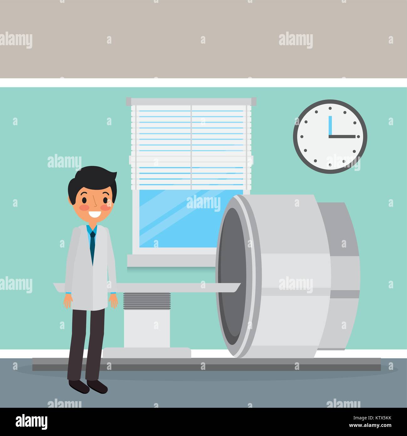 Docteur en manteau avec diagnostic de machine de numérisation réveil et scène de fenêtre Illustration de Vecteur