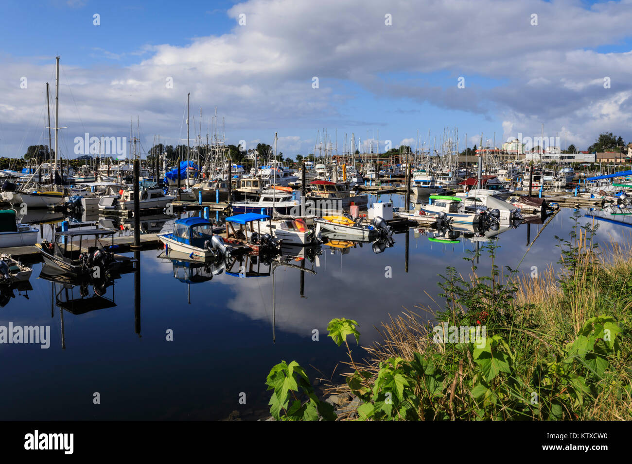 Boat Harbour avec de beaux reflets et ville de Sitka, l'île Baranof, dans le Nord de l'enclave, le sud-est de l'Alaska, États-Unis d'Amérique, North Ameri Banque D'Images