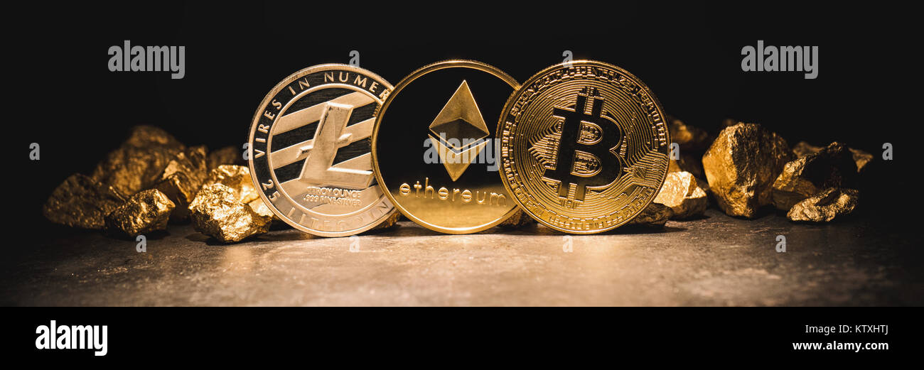 Cryptocurrencys Ethereum, Bitcoin Litecoin, et butte de l'or - concept d'affaires libre de droit Banque D'Images