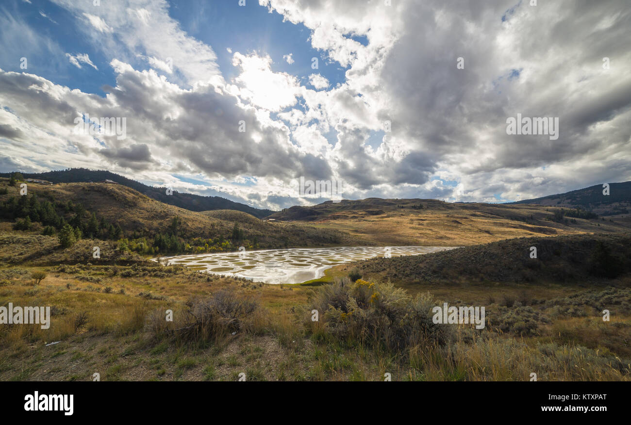 Jour nuageux à Spotted Lake en Colombie-Britannique, Canada Banque D'Images