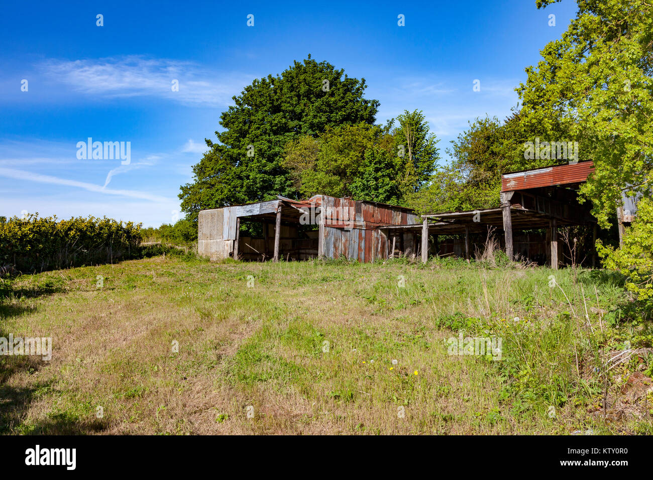 Ancienne ferme en carton ondulé les refuges dans un champ près de Finchingfield, Essex, UK Banque D'Images