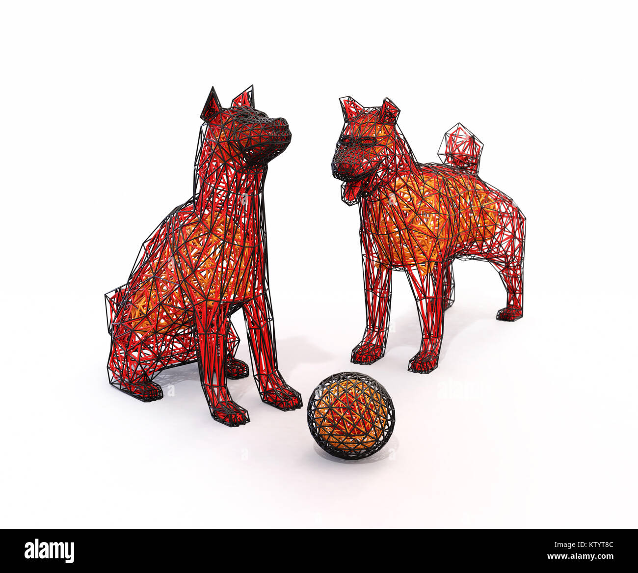 Wire frame de chiens et la bille en basse Style polygone. Le rendu 3D image. Banque D'Images