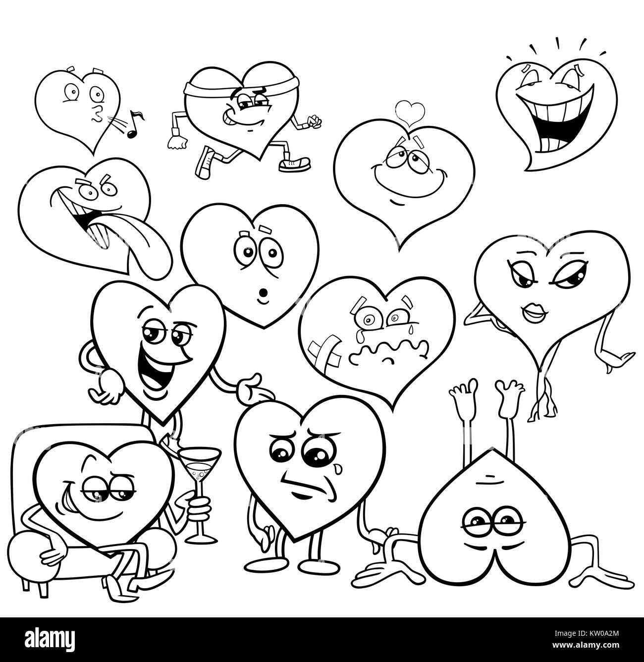 Cartoon noir et blanc Illustration de Valentines Day Hearts Groupe Caractères Coloring Book Illustration de Vecteur