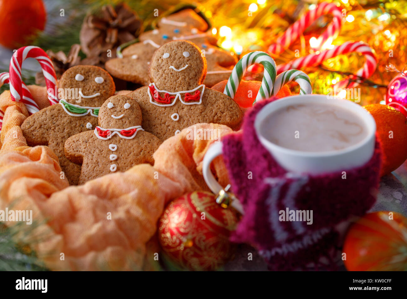 Une tasse de cacao chaud avec un petit foulard drôle et délicieux biscuits au gingembre dans le contexte des branches de sapin et des guirlandes de lumières brillantes. Un c Banque D'Images