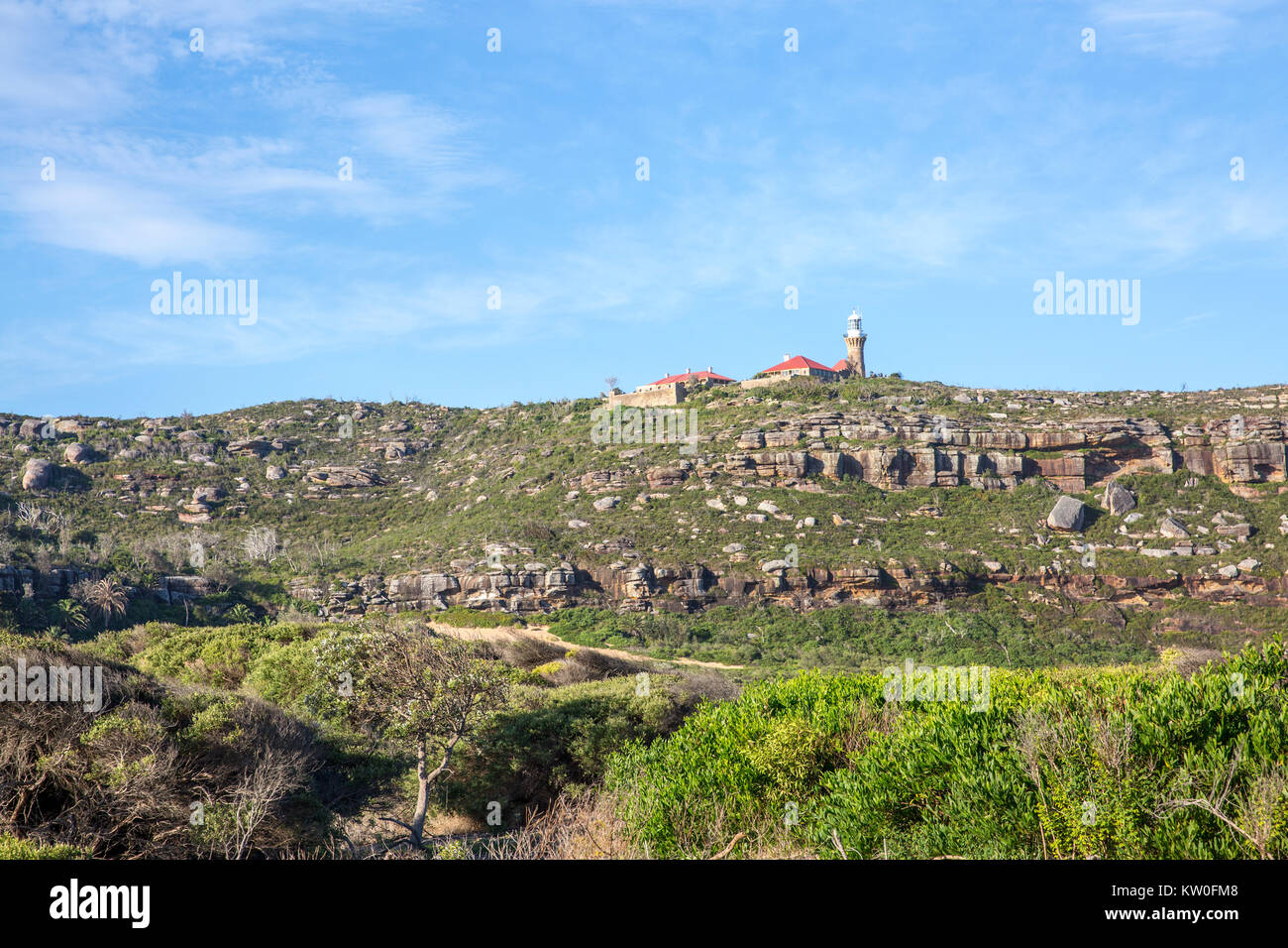 Vue du phare de Barrenjoey sur le promontoire de Palm Beach à Sydney, Australie, qui fait partie du parc national de Ku-ring-gai Chase Banque D'Images