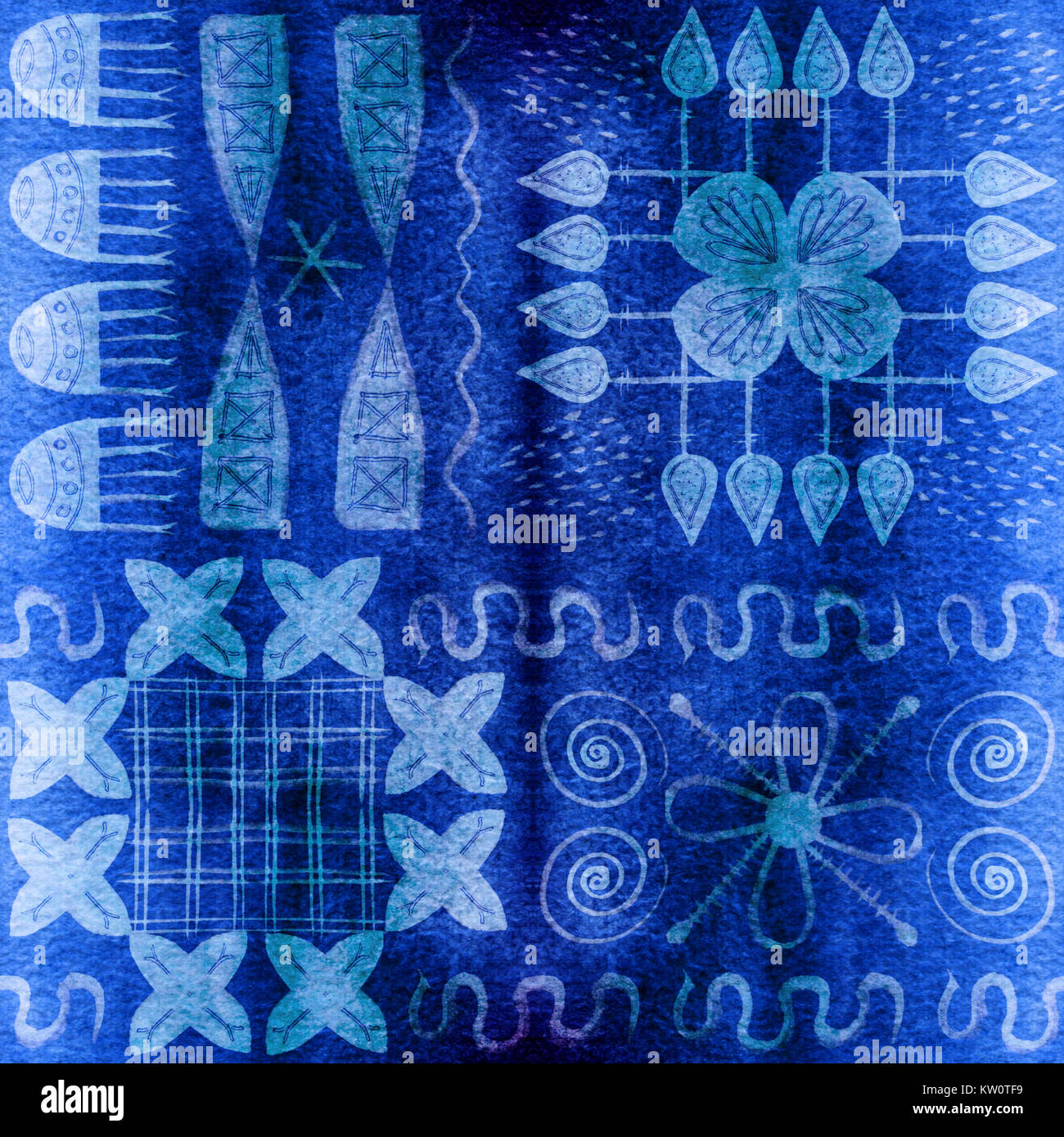 Peinture aborigènes tribales africaines. Motifs géométriques. Modèle sans couture. Fond bleu Banque D'Images