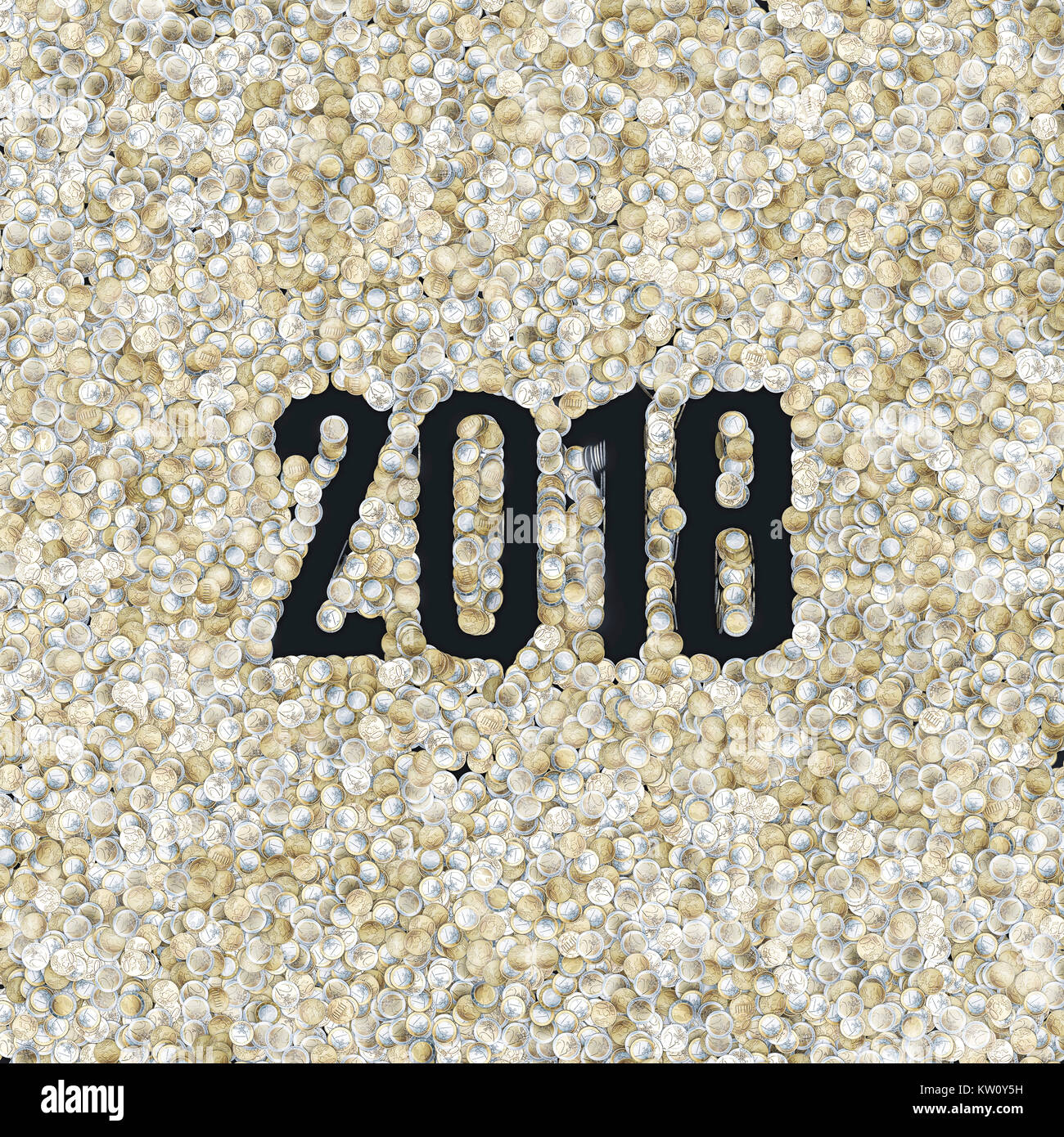 Pièces en Euro 2018 / 3D illustration de milliers d'un euro, deux euros et 50 cents 2018 formant le trou en forme de Banque D'Images