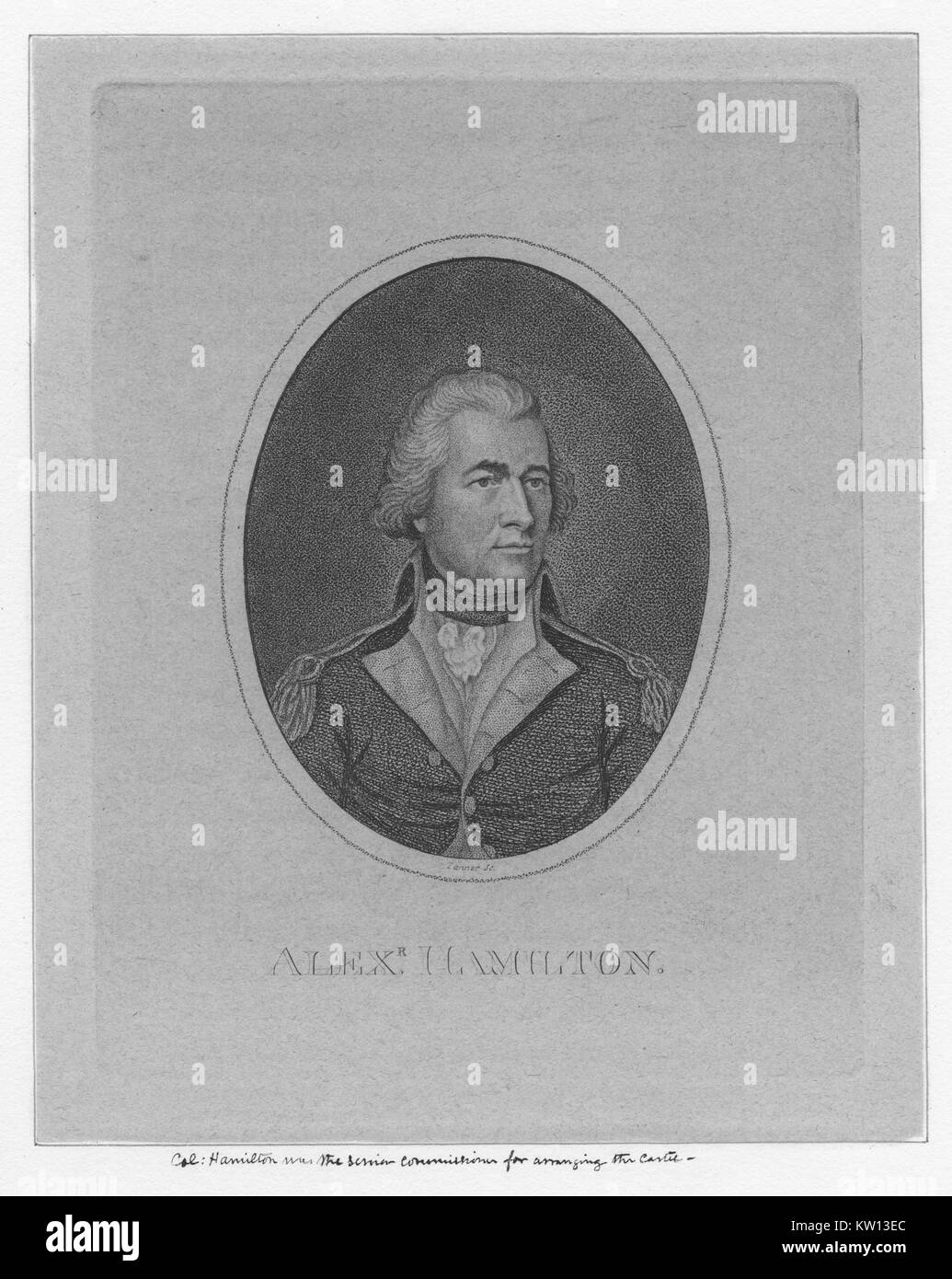 Une gravure d'un portrait d'Alexander Hamilton, il est montré portant son uniforme militaire, il a été l'un des pères fondateurs des États-Unis d'Amérique, a été chef de l'aide du personnel de George Washington pendant la guerre d'Indépendance américaine et fut le premier secrétaire au Trésor des États-Unis, 1800. À partir de la Bibliothèque publique de New York. Banque D'Images