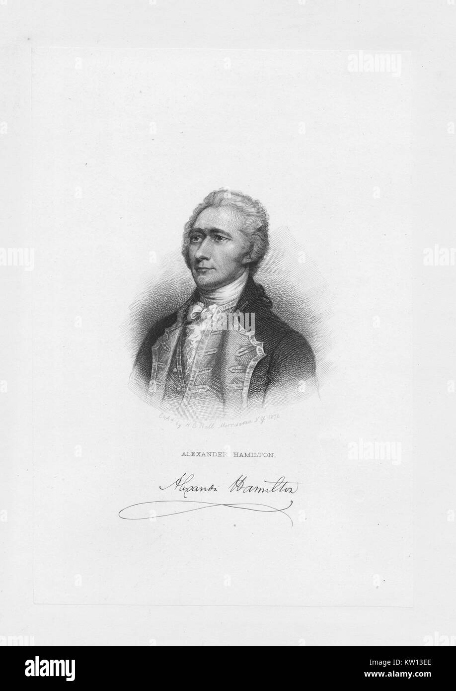 Une gravure d'un portrait d'Alexander Hamilton, il a été l'un des pères fondateurs des États-Unis d'Amérique, a été chef de l'aide du personnel de George Washington pendant la guerre d'Indépendance américaine et fut le premier secrétaire au Trésor des États-Unis, le gravage dispose d'une reproduction de la signature de Hamilton, 1872. À partir de la Bibliothèque publique de New York. Banque D'Images