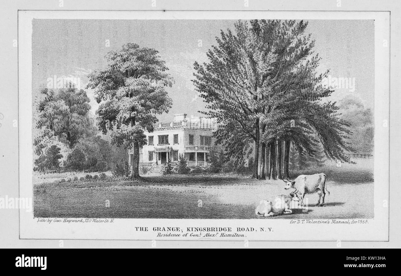 Une gravure représentant l'extérieur d'une résidence de Alexander Hamilton a appelé la Grange, la grande maison de deux étages est entouré d'arbres avec deux vaches au premier plan, Hamilton a été l'un des pères fondateurs des États-Unis d'Amérique, a été chef de l'aide du personnel de George Washington pendant la guerre d'Indépendance américaine et fut le premier secrétaire au Trésor des États-Unis, le nord de l'extrémité de Manhattan, New York, 1869. À partir de la Bibliothèque publique de New York. Banque D'Images