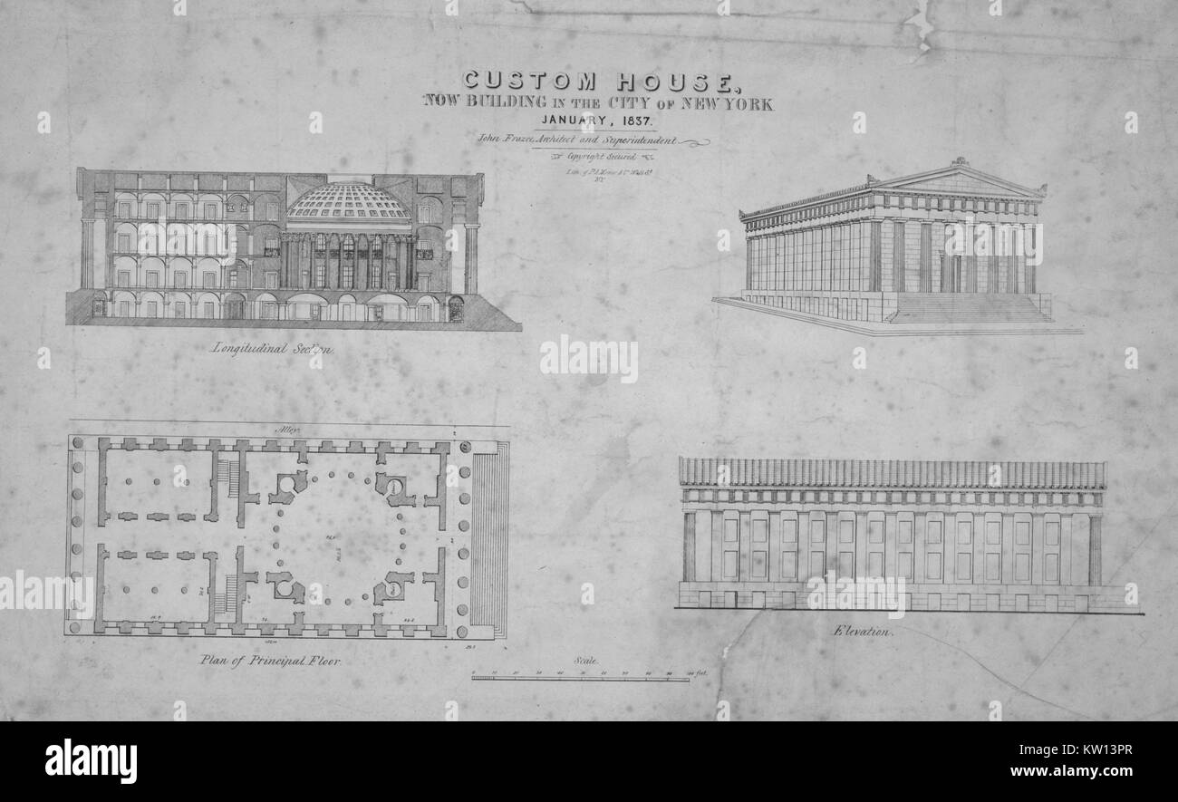 Une image qui dispose de schémas l'Alexander Hamilton U.S. Custom House, le bâtiment a été construit par le gouvernement fédéral pour gérer les collections devoir pour le Port de New York, les images ont été créés pour montrer les dessins pour le bâtiment s'il est actuellement en construction, New York, New York, 1837. À partir de la Bibliothèque publique de New York. Banque D'Images