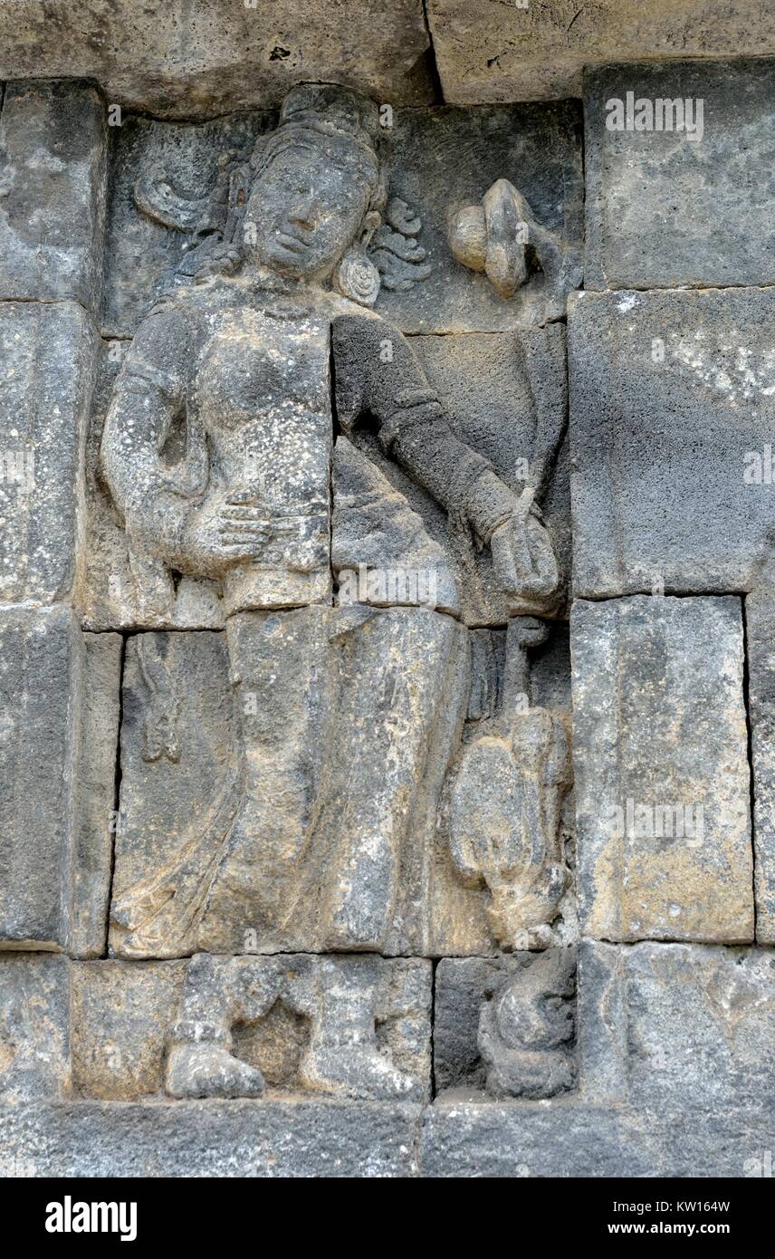 Détail de l'allégement sculpté au temple de Borobudur à Yogyakarta, Java, Indonésie.. Banque D'Images
