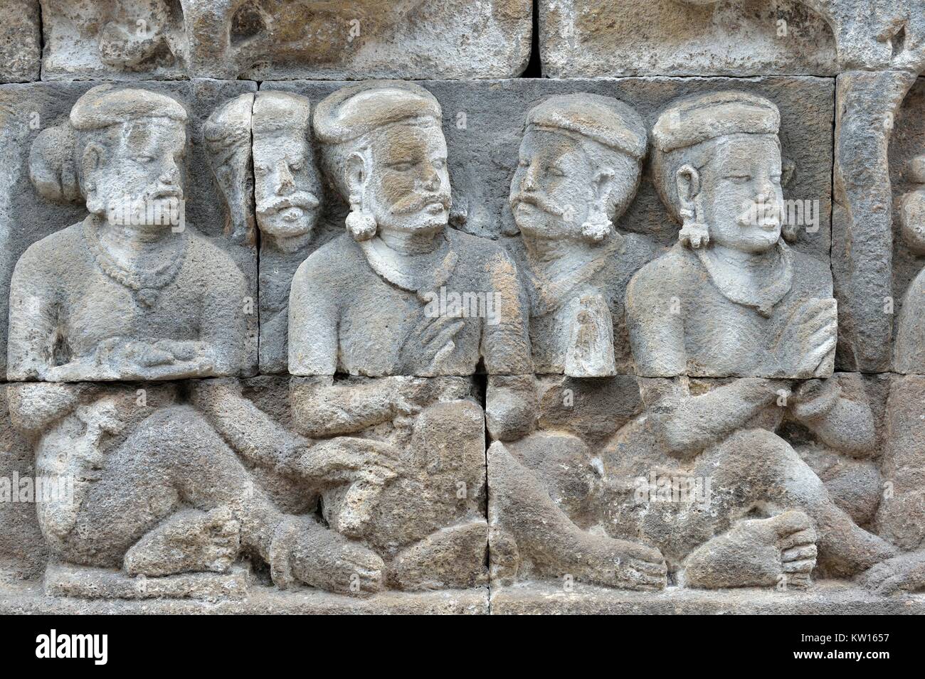 Détail de l'allégement sculpté au temple de Borobudur à Yogyakarta, Java, Indonésie.. Banque D'Images