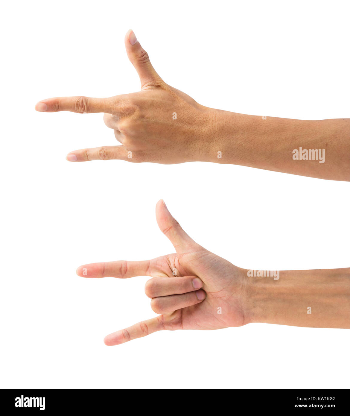 L'homme part faire un geste ou cornes symbole de culbuteur sur fond blanc avec chemin de détourage. Avant et l'arrière main humaine j'aime faire des gestes que vous signez. Banque D'Images