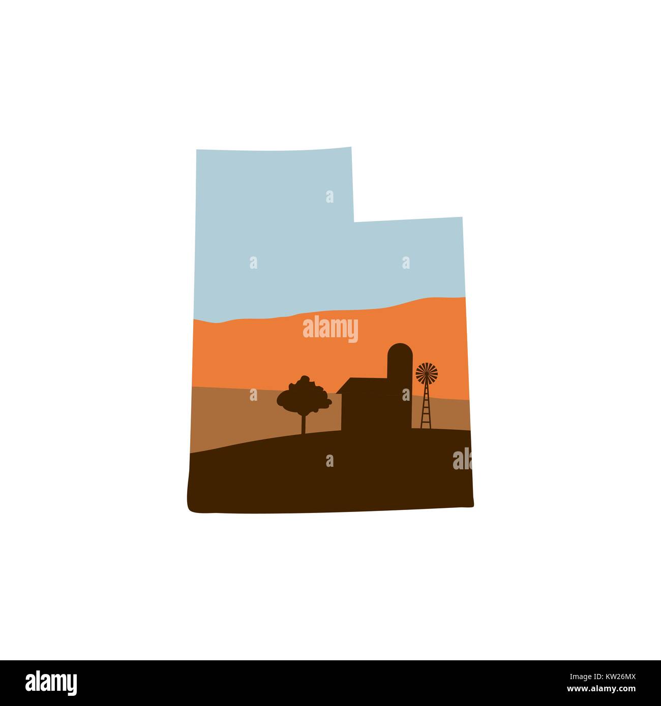 Forme d'état de l'Utah w ferme au coucher du Soleil avec moulin, grange, et un arbre Illustration de Vecteur