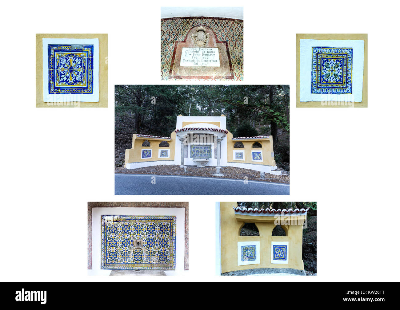 Collage de la fontaine d'eau et plusieurs détails de la même fontaine près de Moserrate, Sintra, Portugal Banque D'Images