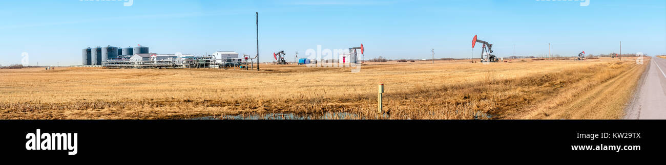 Collecte et distribution d'huile système de batterie. Station de distribution d'huile de gaz avec les citernes et un compresseur sur un champ jaune avec de l'huile de pompage pompes Banque D'Images