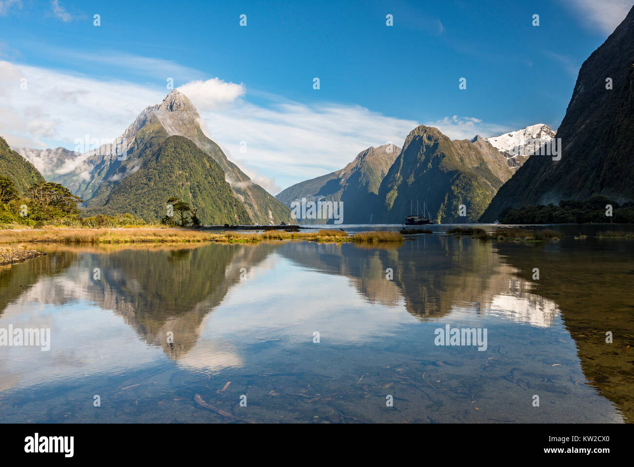 Milford Sound avec Mitre Peak, Parc National de Fiordland, Nouvelle-Zélande Banque D'Images